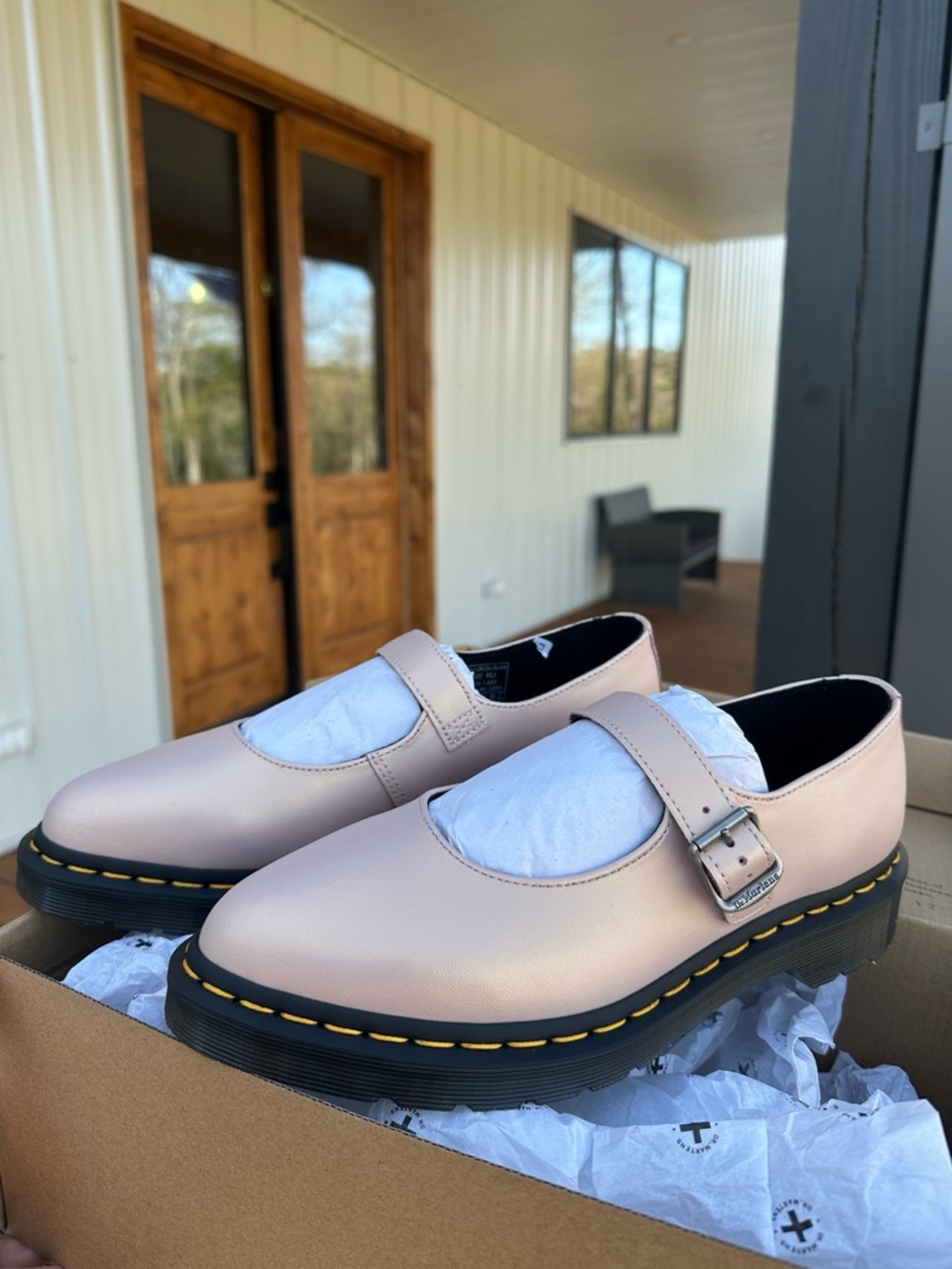 Dr. Martens Pale Pink Mary Jane Flats with Yellow Stitching